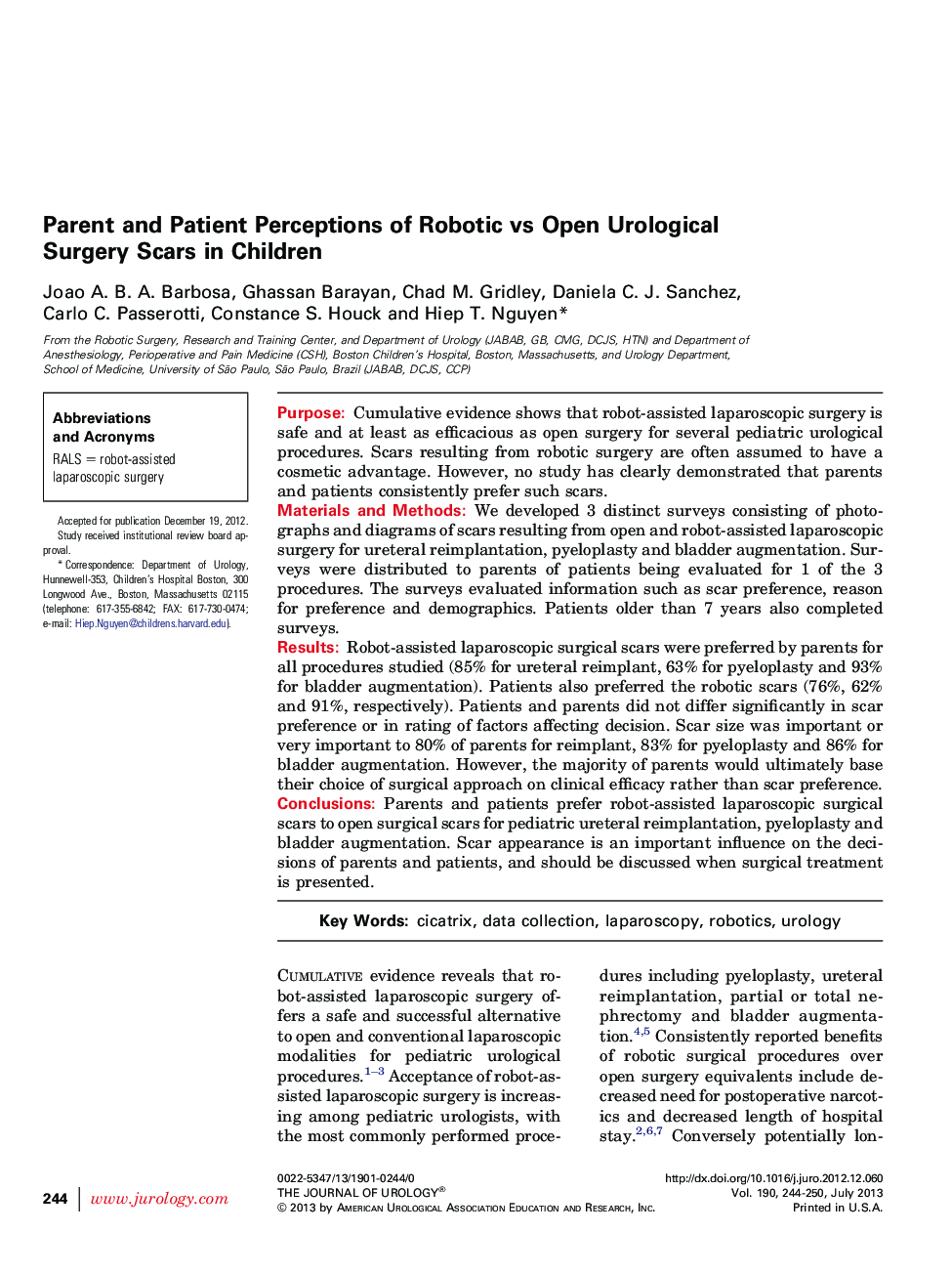 Parent and Patient Perceptions of Robotic vs Open Urological Surgery Scars in Children 