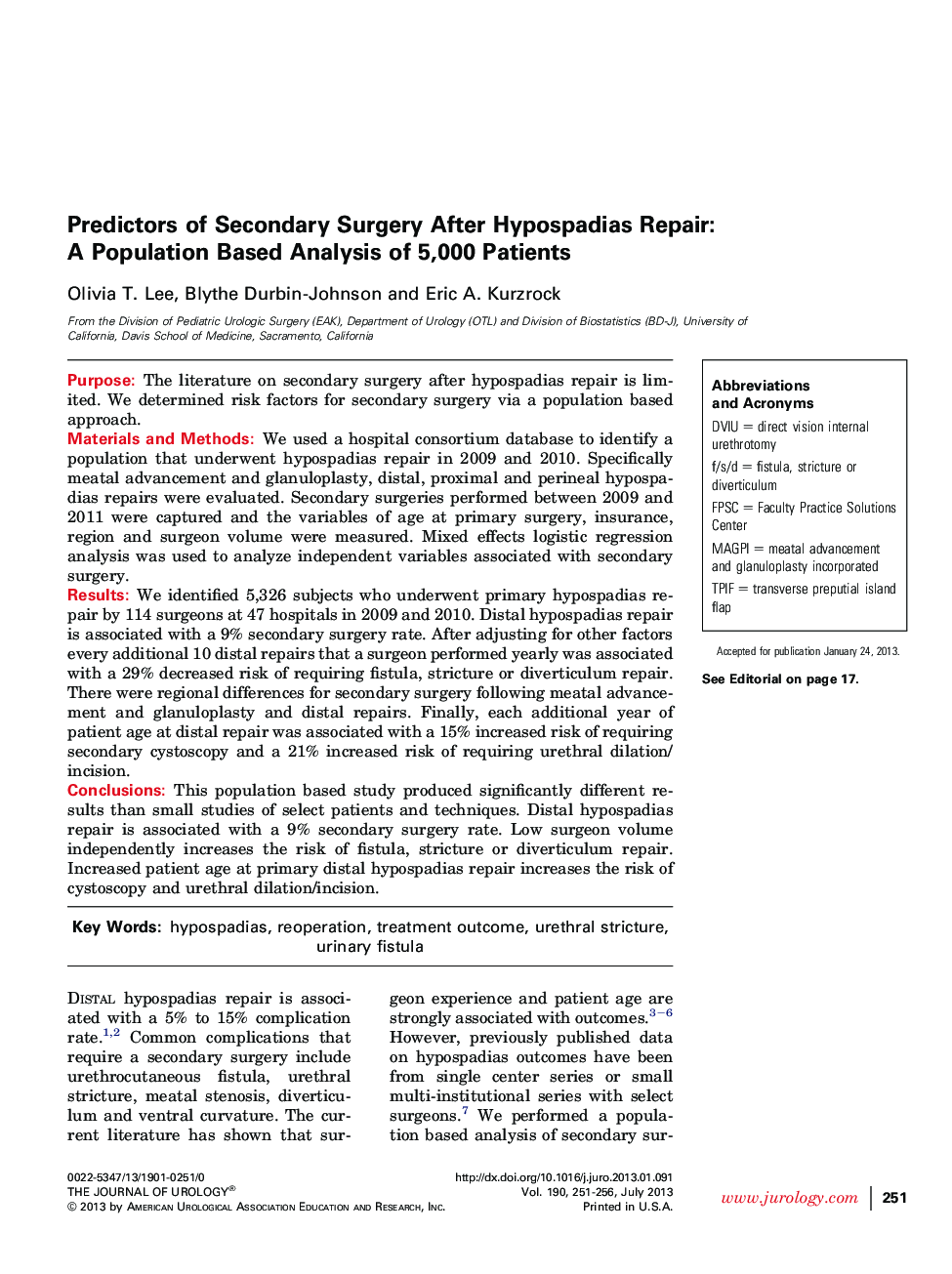 Predictors of Secondary Surgery After Hypospadias Repair: A Population Based Analysis of 5,000 Patients