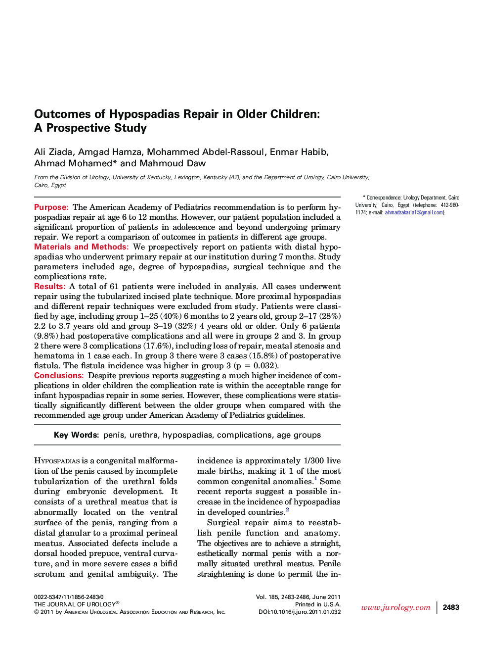 Outcomes of Hypospadias Repair in Older Children: A Prospective Study