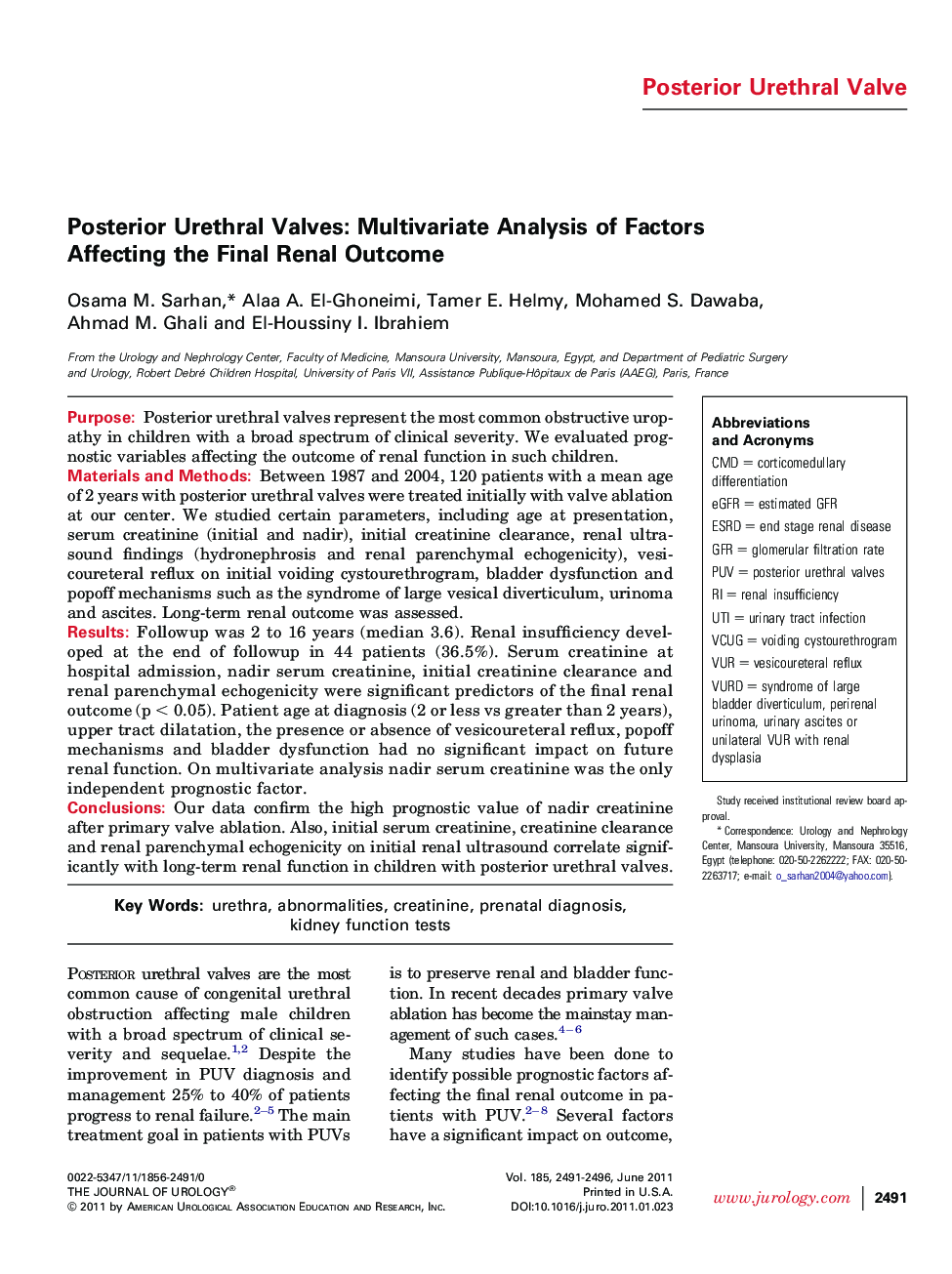 Posterior Urethral Valves: Multivariate Analysis of Factors Affecting the Final Renal Outcome 