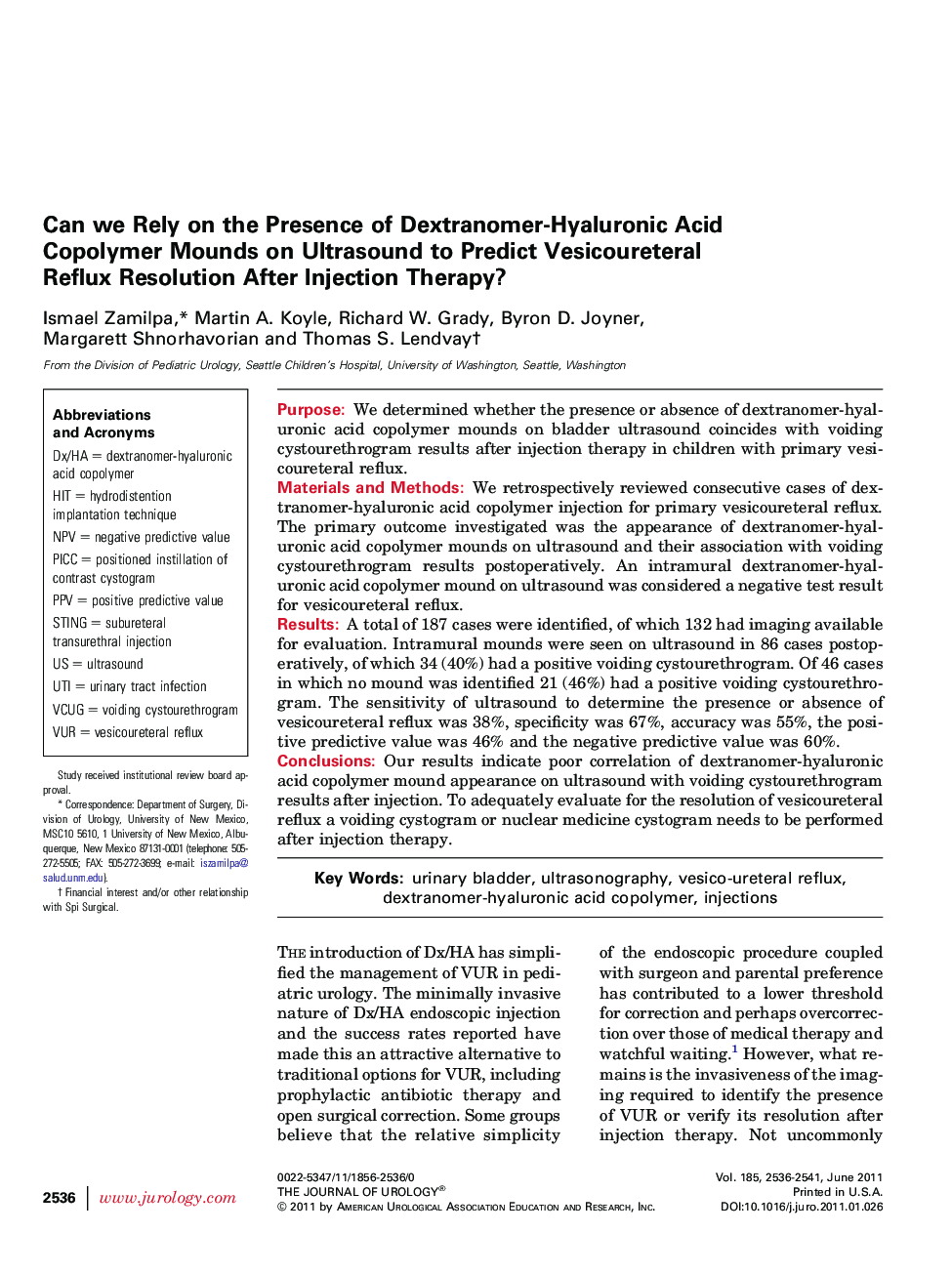 Can we Rely on the Presence of Dextranomer-Hyaluronic Acid Copolymer Mounds on Ultrasound to Predict Vesicoureteral Reflux Resolution After Injection Therapy? 