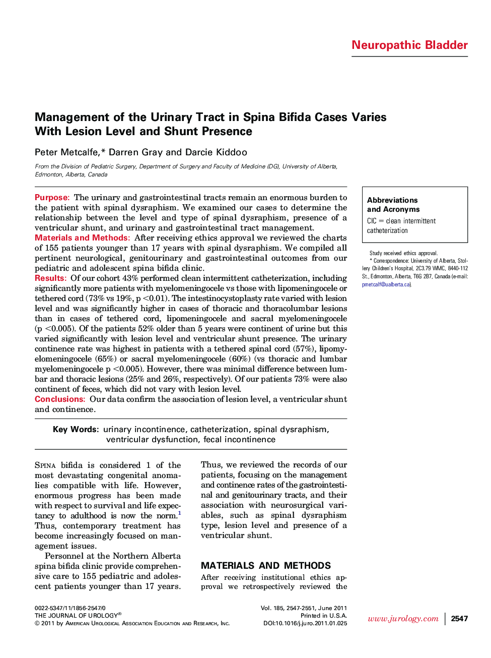 Management of the Urinary Tract in Spina Bifida Cases Varies With Lesion Level and Shunt Presence