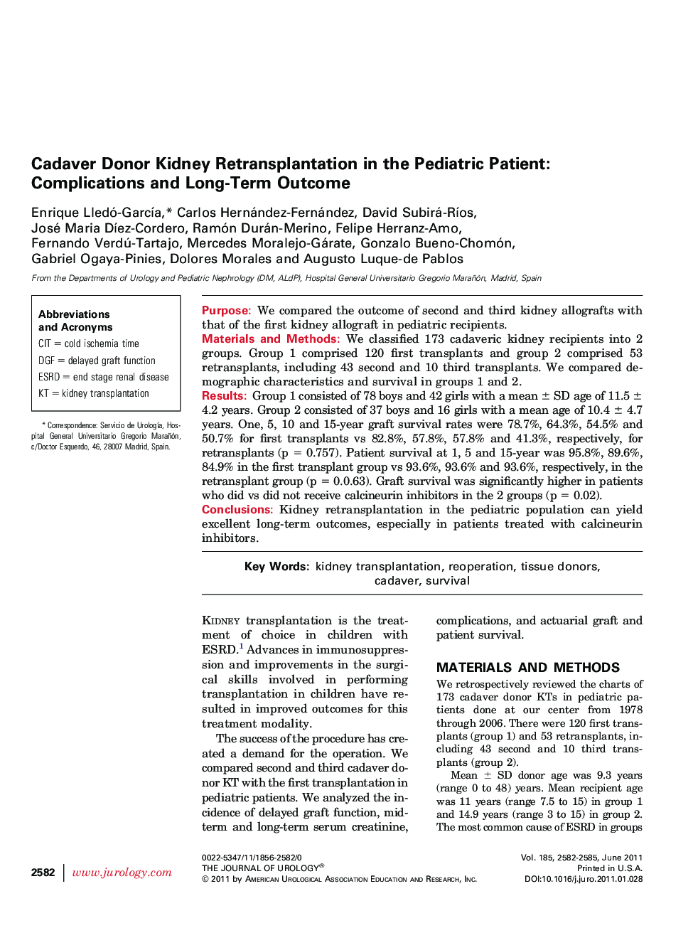 Cadaver Donor Kidney Retransplantation in the Pediatric Patient: Complications and Long-Term Outcome