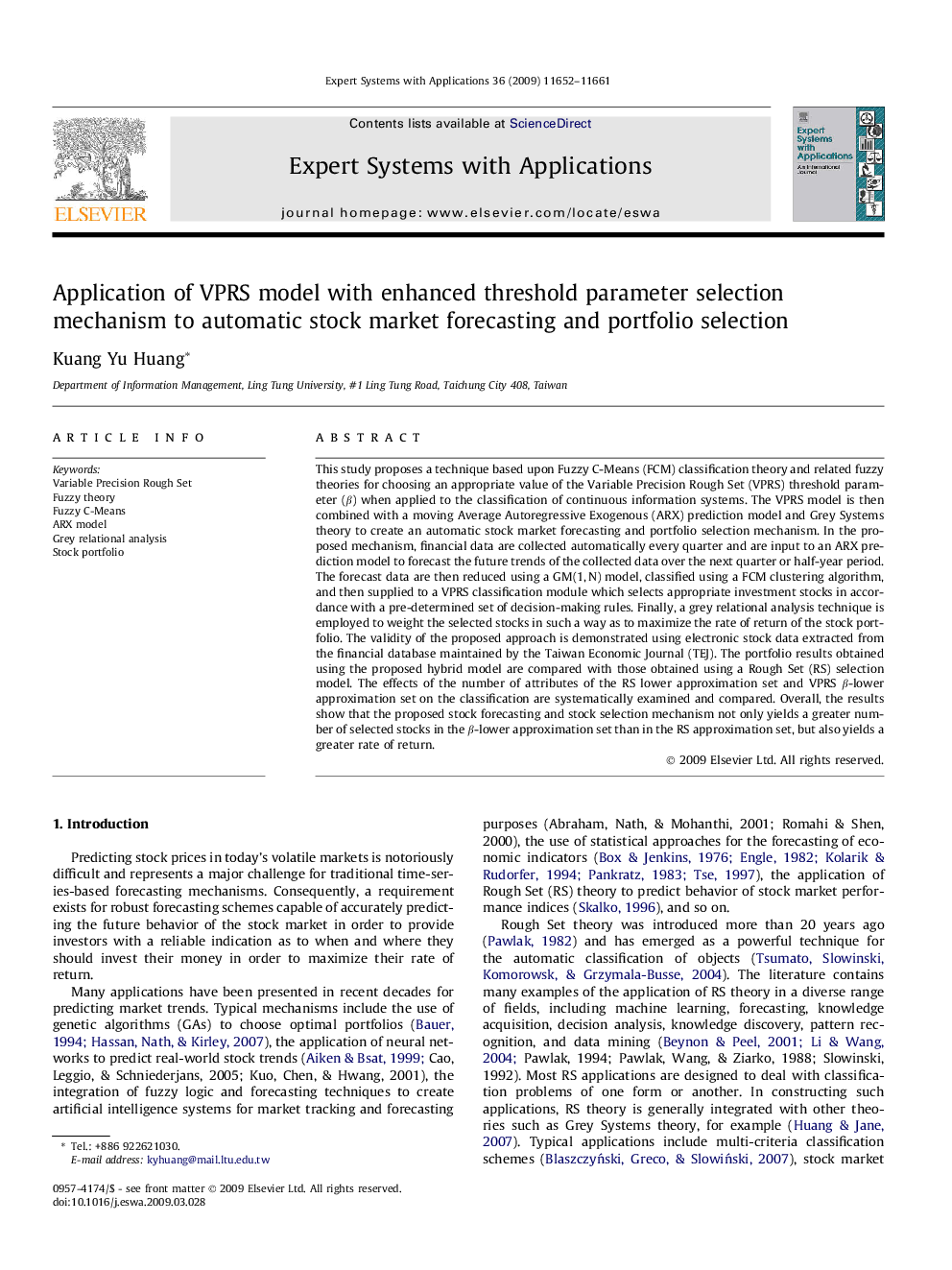 Application of VPRS model with enhanced threshold parameter selection mechanism to automatic stock market forecasting and portfolio selection