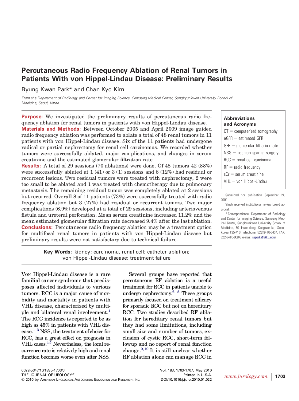 Percutaneous Radio Frequency Ablation of Renal Tumors in Patients With von Hippel-Lindau Disease: Preliminary Results