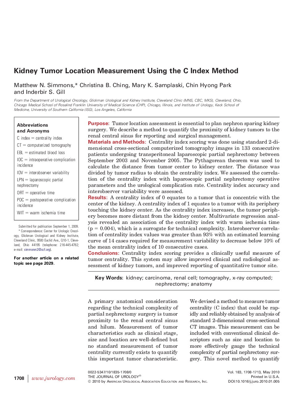 Kidney Tumor Location Measurement Using the C Index Method 