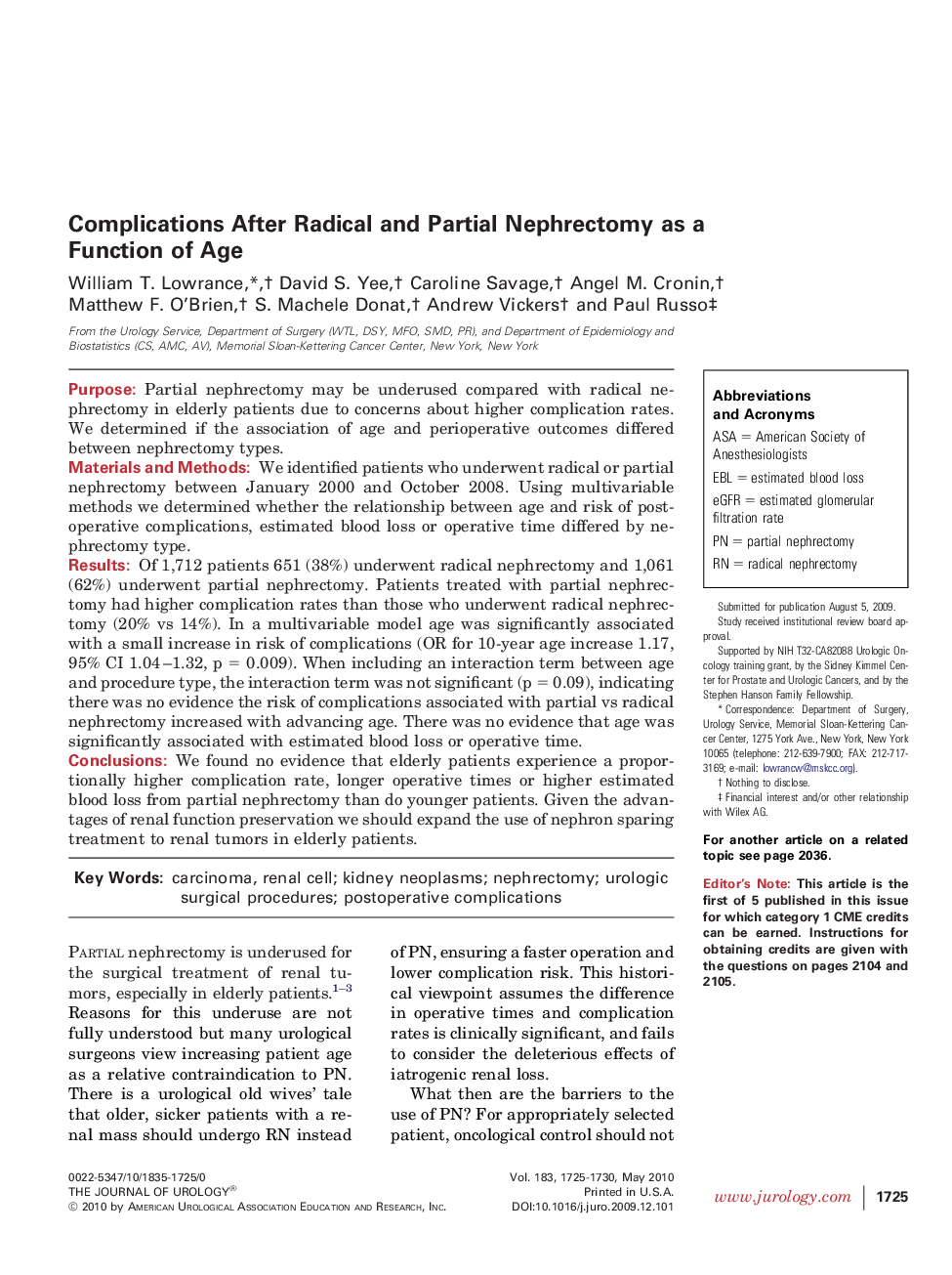 Complications After Radical and Partial Nephrectomy as a Function of Age 