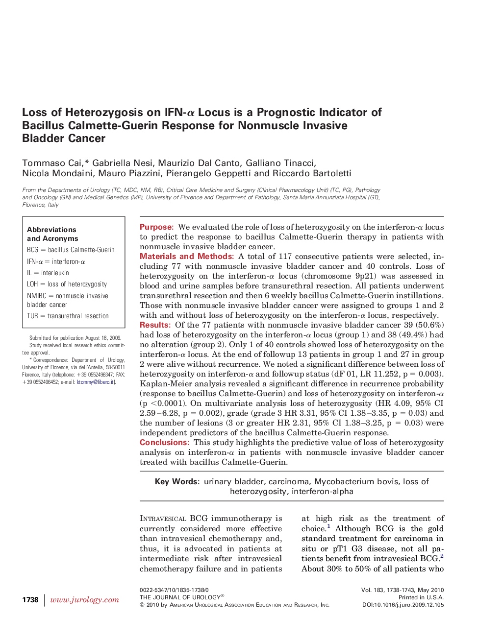 Loss of Heterozygosis on IFN-α Locus is a Prognostic Indicator of Bacillus Calmette-Guerin Response for Nonmuscle Invasive Bladder Cancer 