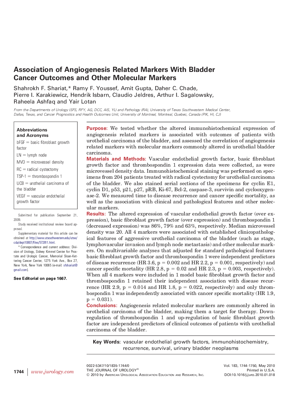 Association of Angiogenesis Related Markers With Bladder Cancer Outcomes and Other Molecular Markers