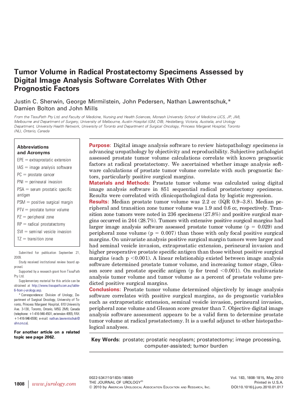 Tumor Volume in Radical Prostatectomy Specimens Assessed by Digital Image Analysis Software Correlates With Other Prognostic Factors 