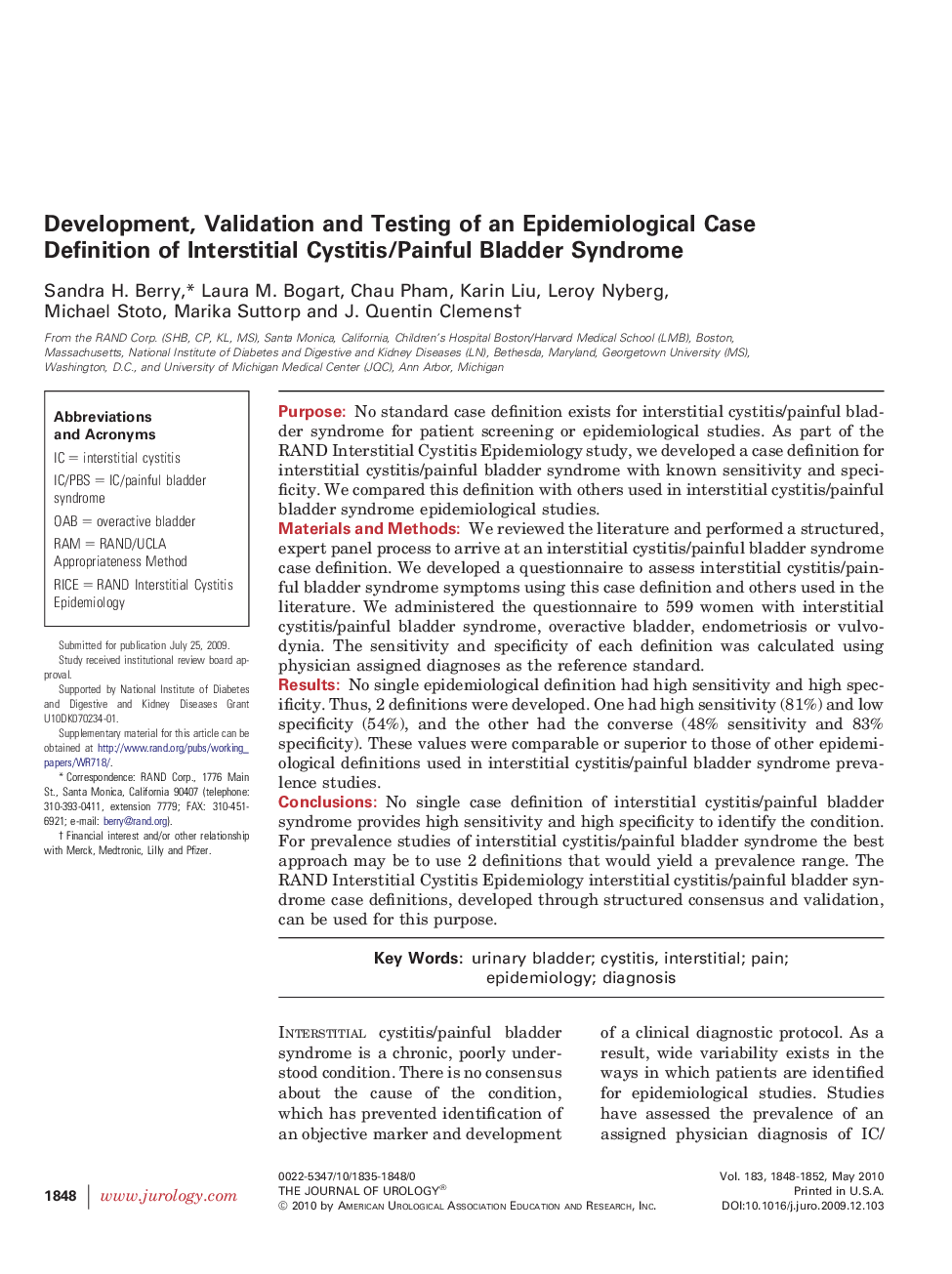 Development, Validation and Testing of an Epidemiological Case Definition of Interstitial Cystitis/Painful Bladder Syndrome 