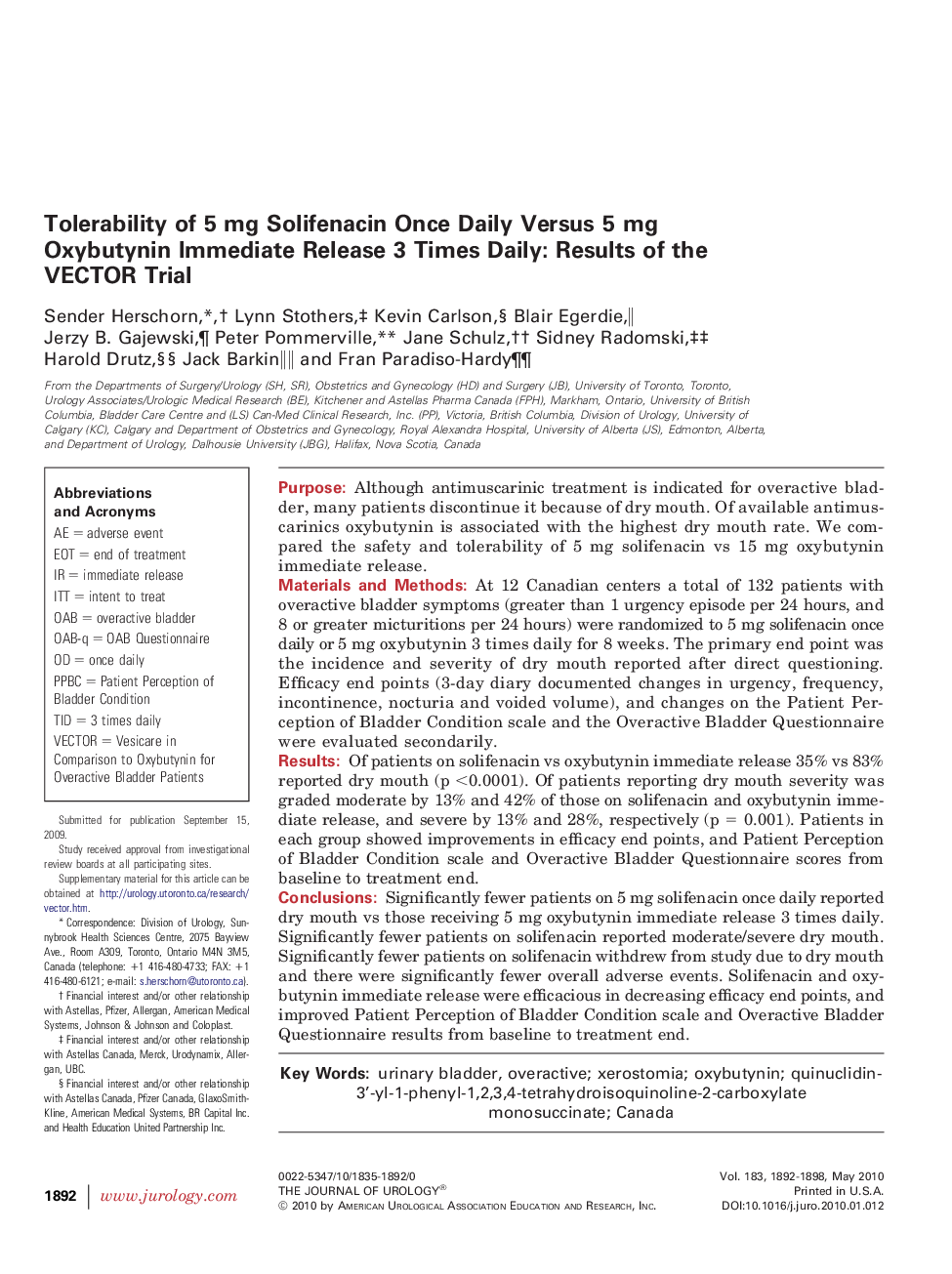 Tolerability of 5 mg Solifenacin Once Daily Versus 5 mg Oxybutynin Immediate Release 3 Times Daily: Results of the VECTOR Trial 