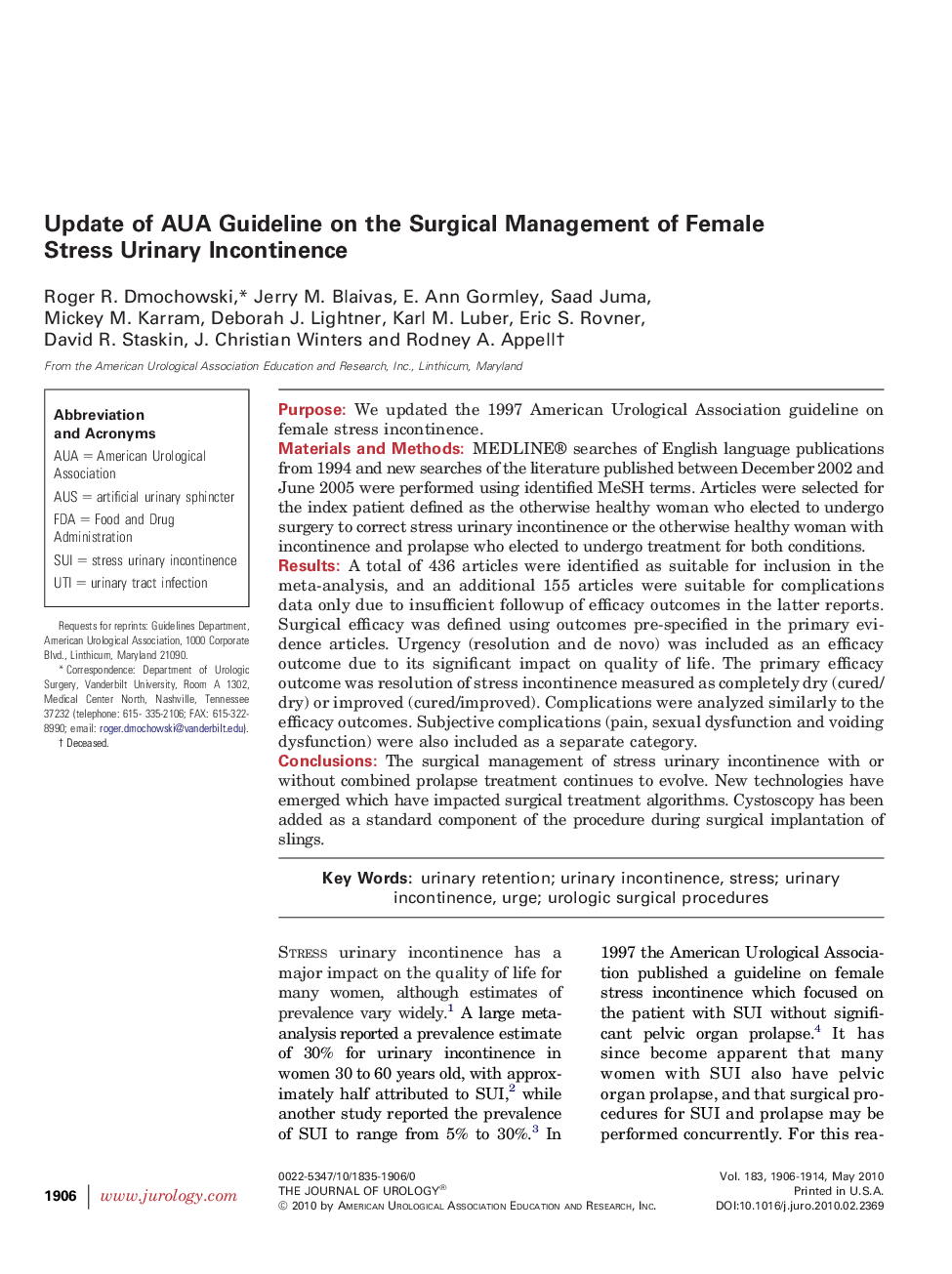 Update of AUA Guideline on the Surgical Management of Female Stress Urinary Incontinence 