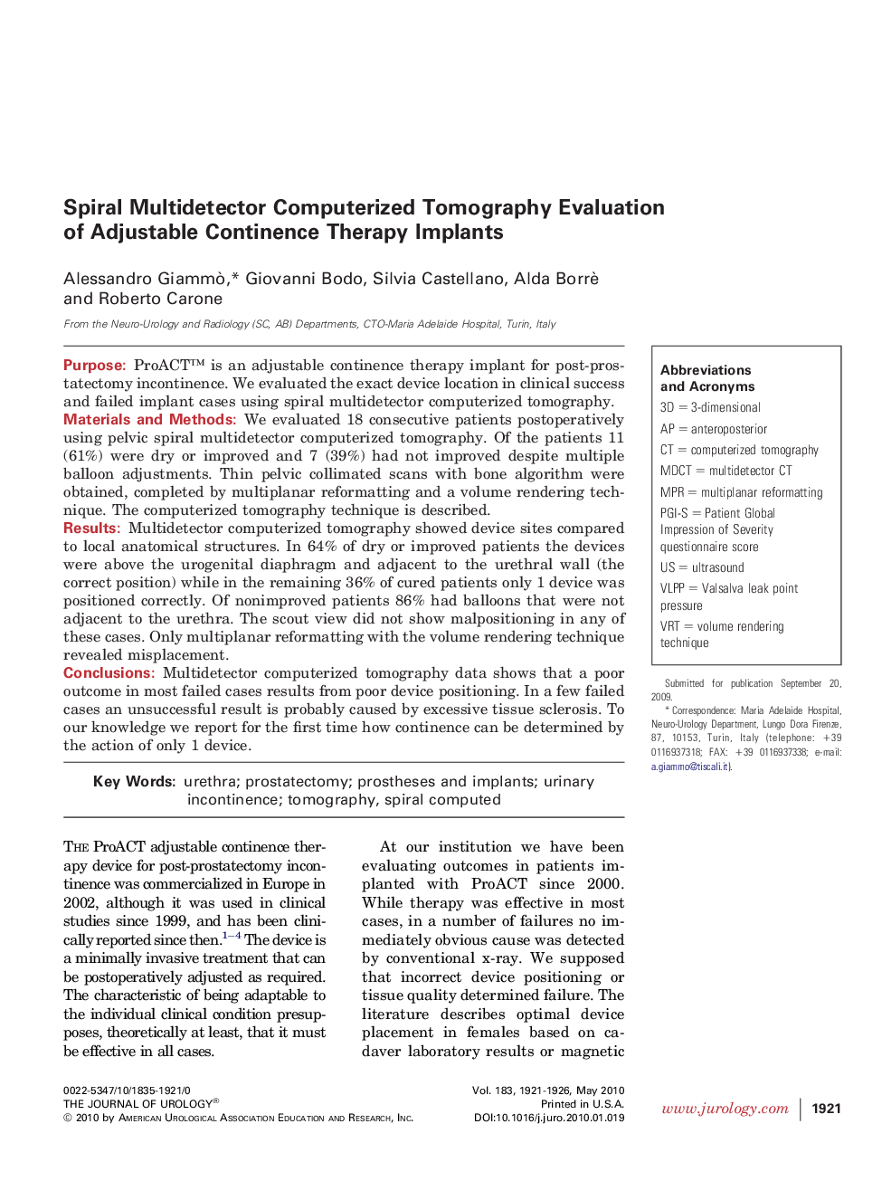 Spiral Multidetector Computerized Tomography Evaluation of Adjustable Continence Therapy Implants