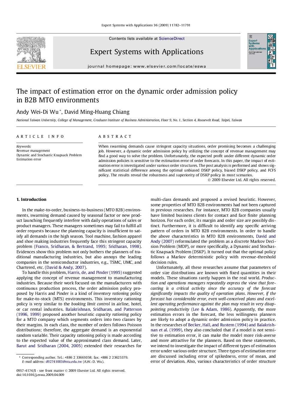 The impact of estimation error on the dynamic order admission policy in B2B MTO environments