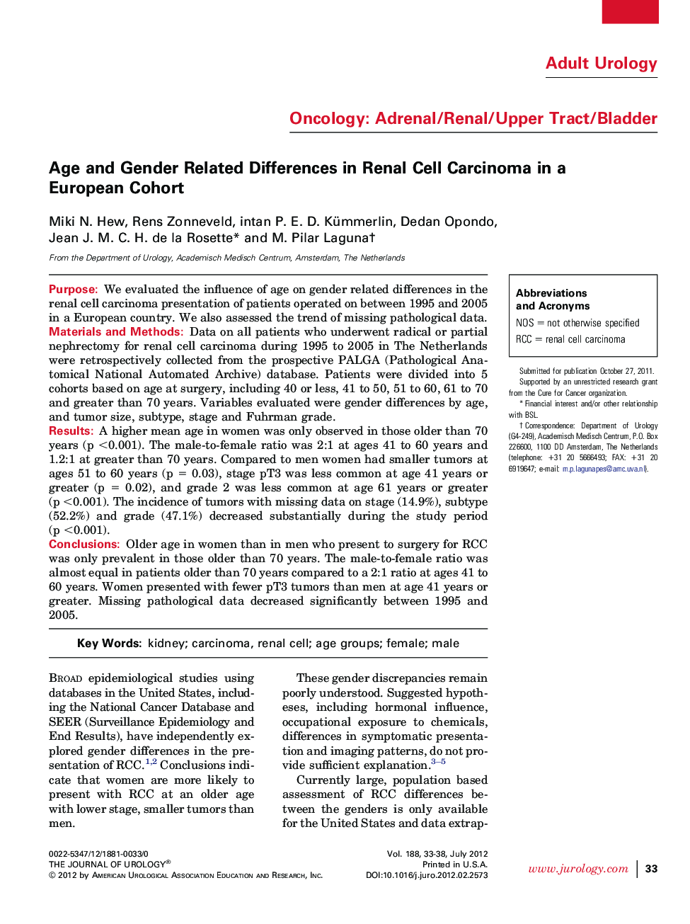 Age and Gender Related Differences in Renal Cell Carcinoma in a European Cohort 