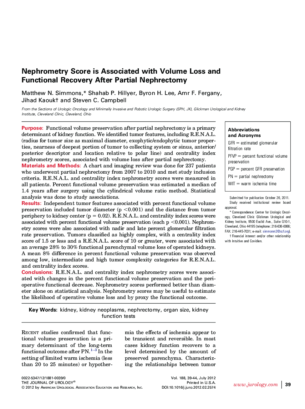 Nephrometry Score is Associated with Volume Loss and Functional Recovery After Partial Nephrectomy 