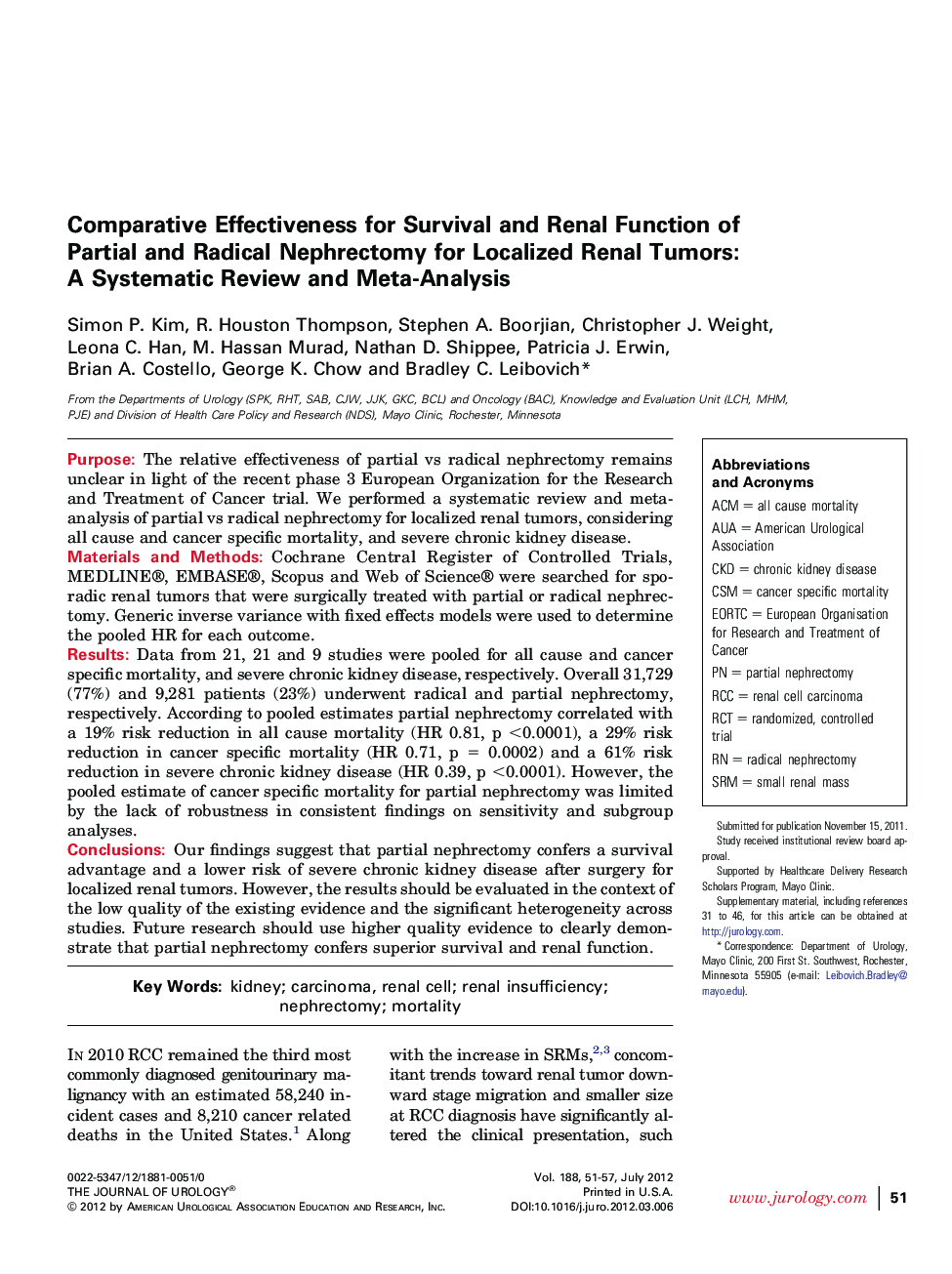 Comparative Effectiveness for Survival and Renal Function of Partial and Radical Nephrectomy for Localized Renal Tumors: A Systematic Review and Meta-Analysis 