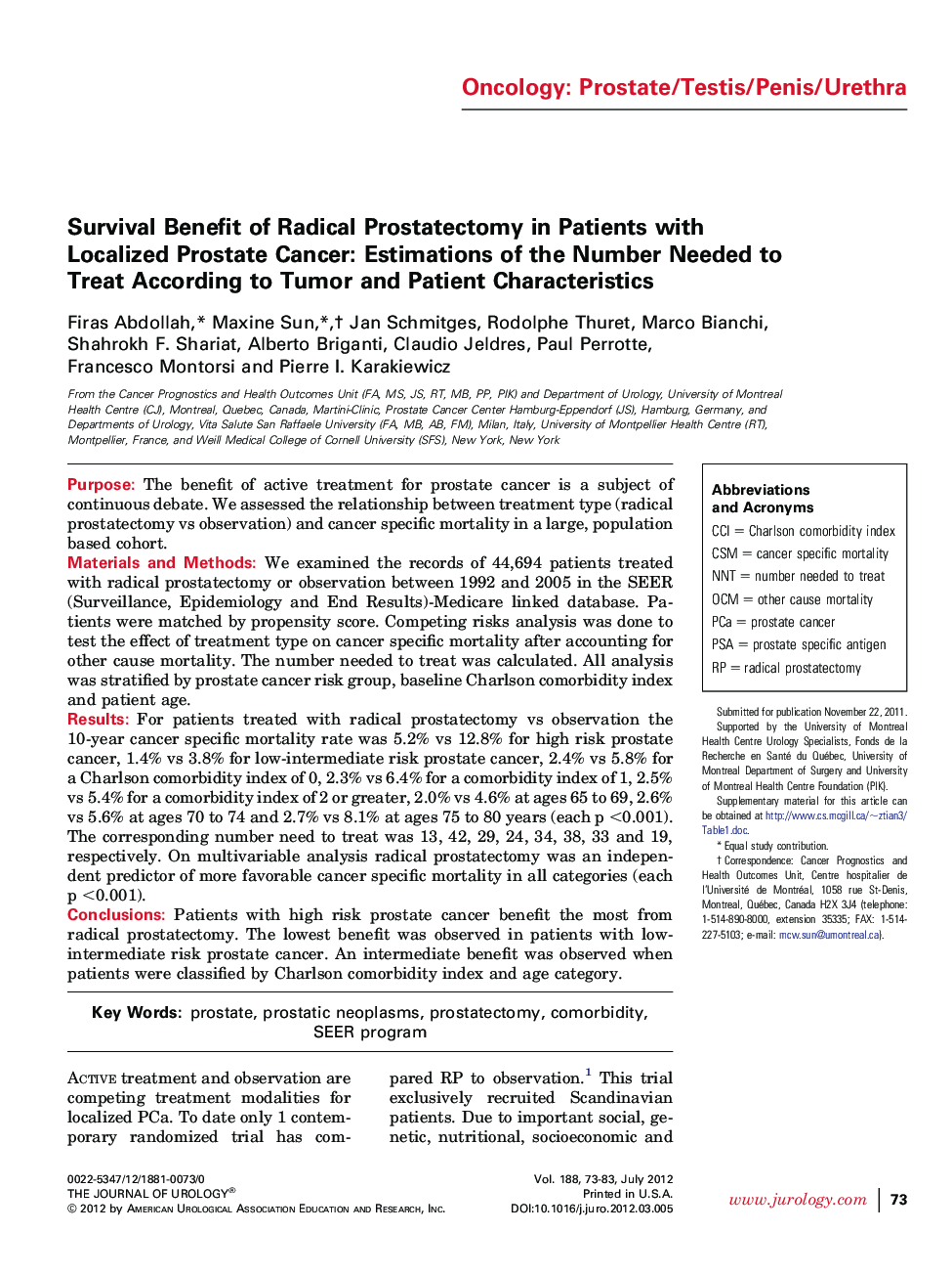 Survival Benefit of Radical Prostatectomy in Patients with Localized Prostate Cancer: Estimations of the Number Needed to Treat According to Tumor and Patient Characteristics 