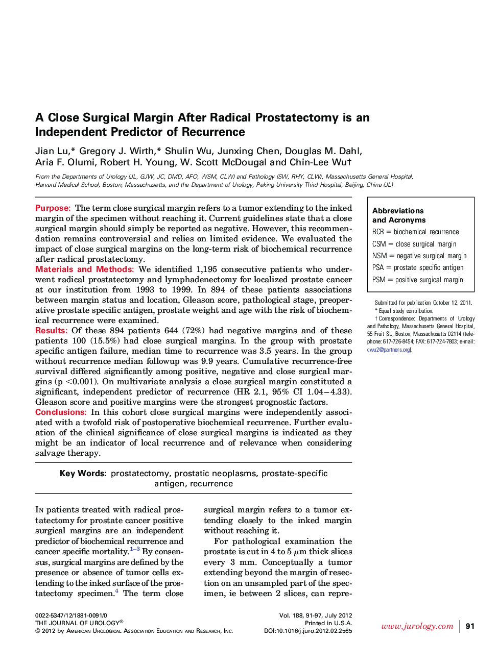 A Close Surgical Margin After Radical Prostatectomy is an Independent Predictor of Recurrence