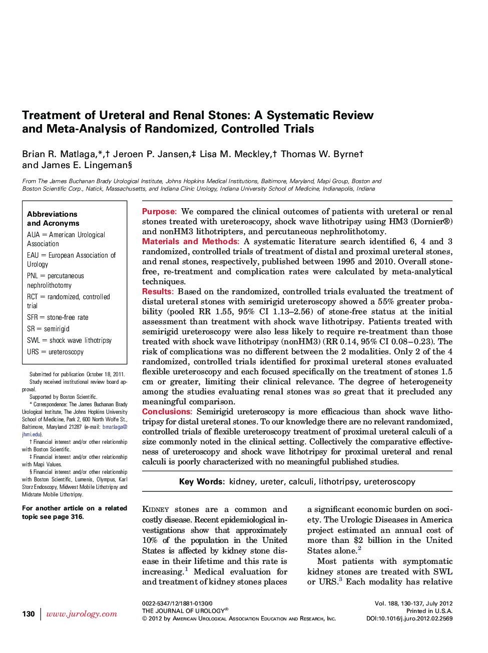 Treatment of Ureteral and Renal Stones: A Systematic Review and Meta-Analysis of Randomized, Controlled Trials 