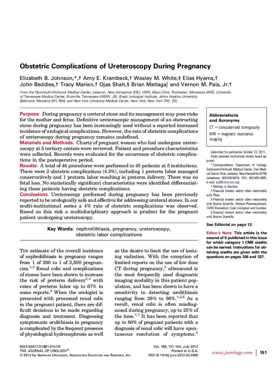 Obstetric Complications of Ureteroscopy During Pregnancy