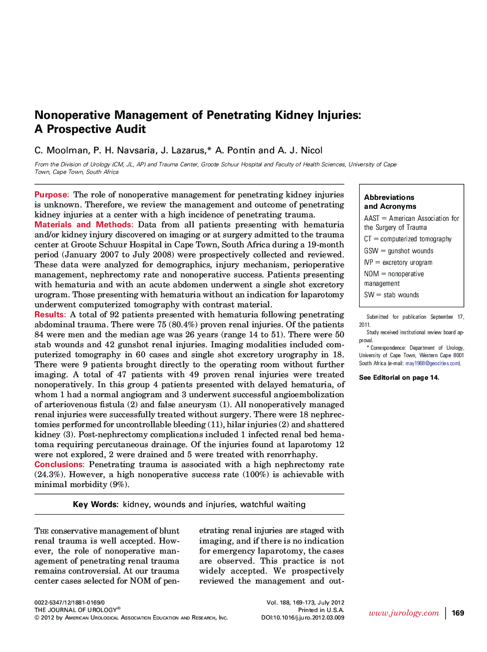 Nonoperative Management of Penetrating Kidney Injuries: A Prospective Audit 