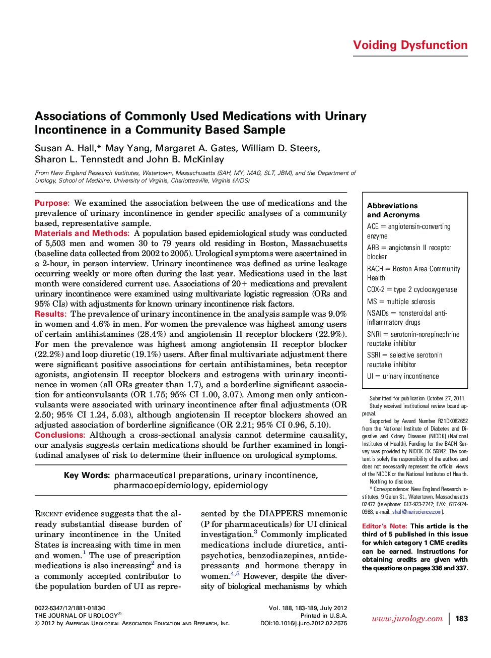 Associations of Commonly Used Medications with Urinary Incontinence in a Community Based Sample 