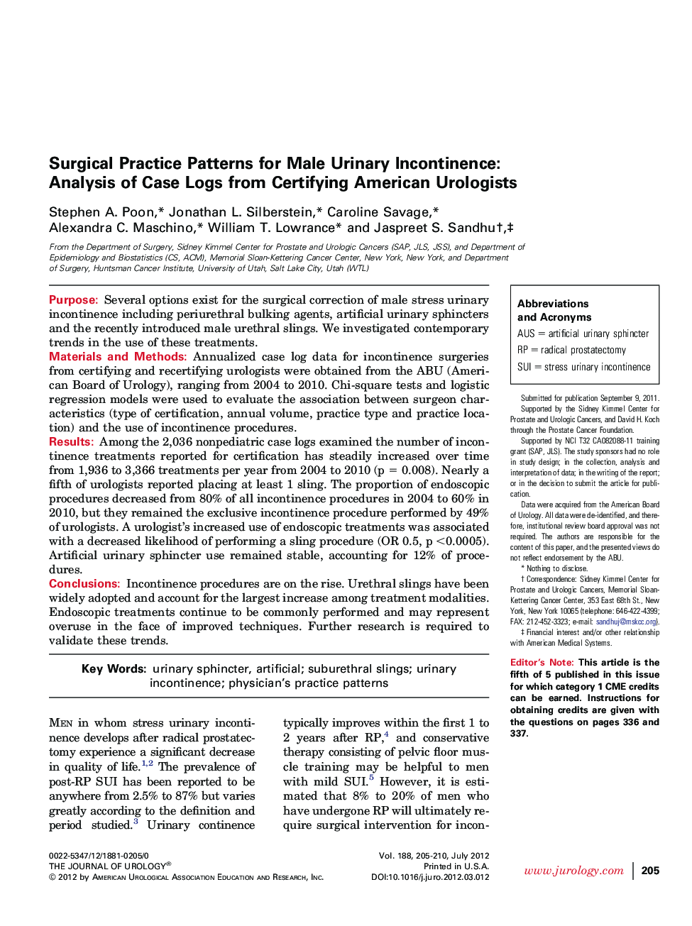 Surgical Practice Patterns for Male Urinary Incontinence: Analysis of Case Logs from Certifying American Urologists 