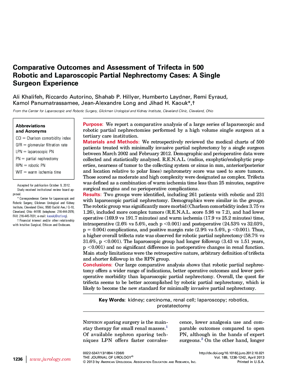 Comparative Outcomes and Assessment of Trifecta in 500 Robotic and Laparoscopic Partial Nephrectomy Cases: A Single Surgeon Experience 