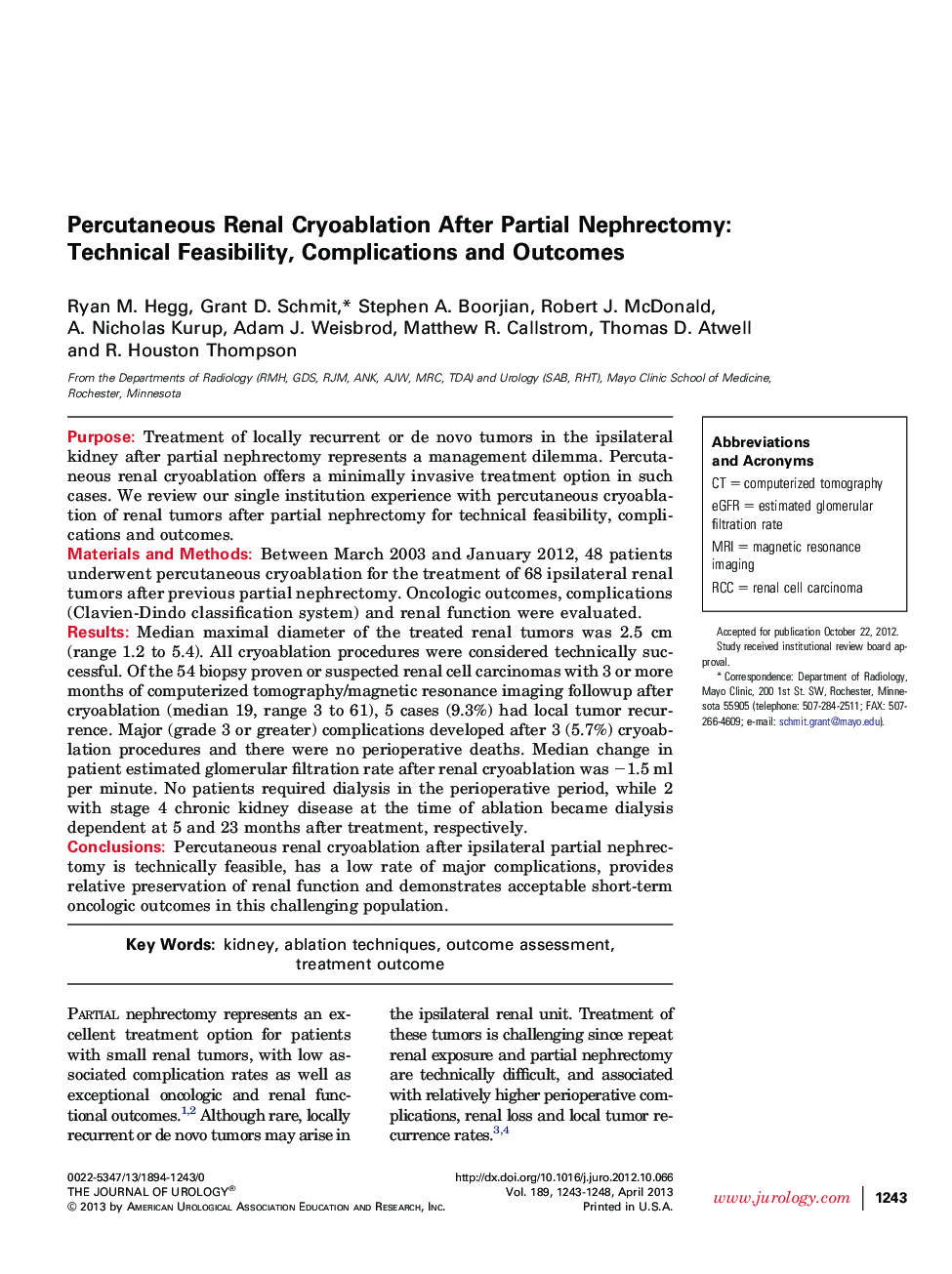 Percutaneous Renal Cryoablation After Partial Nephrectomy: Technical Feasibility, Complications and Outcomes 