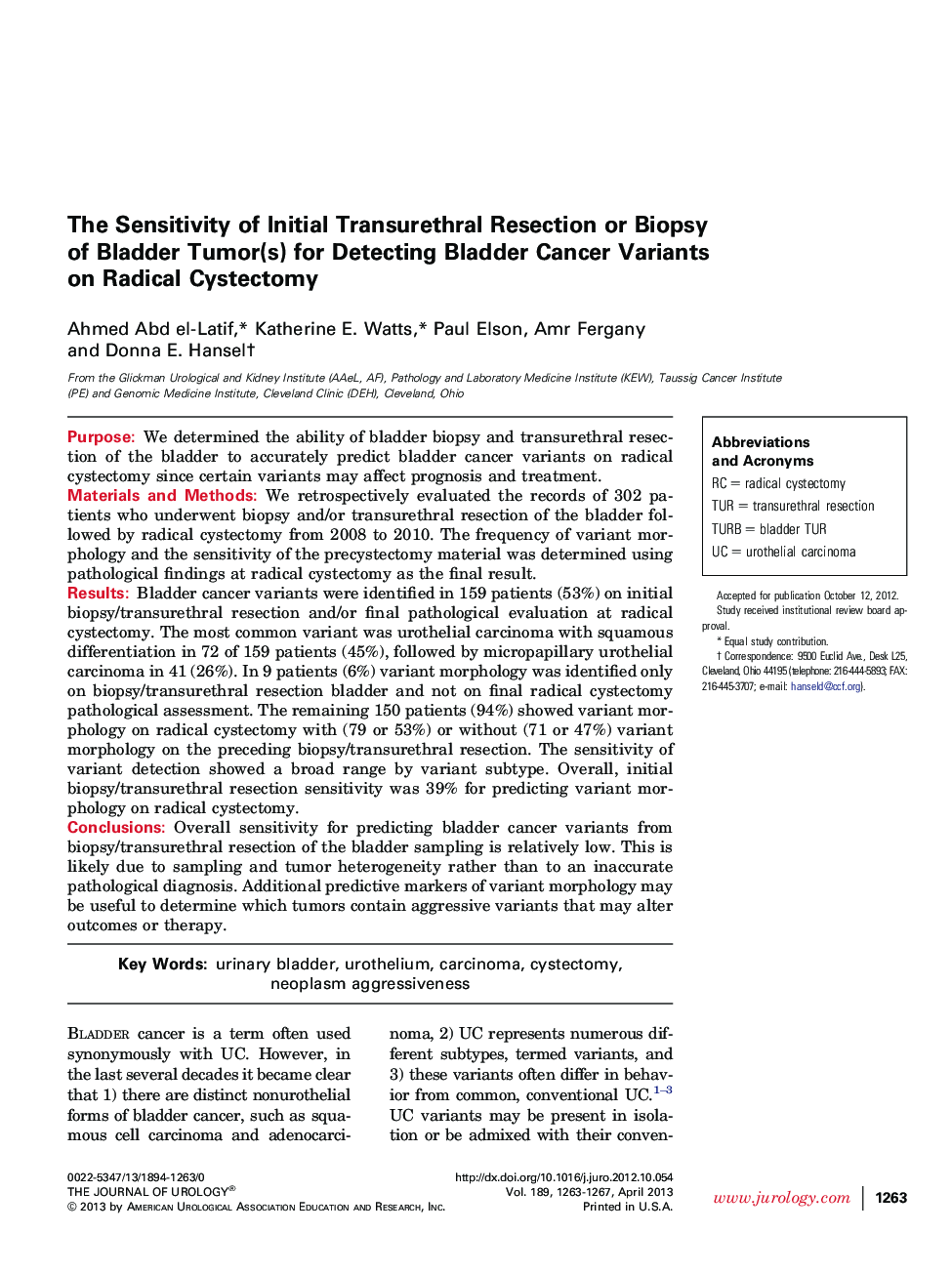 The Sensitivity of Initial Transurethral Resection or Biopsy of Bladder Tumor(s) for Detecting Bladder Cancer Variants on Radical Cystectomy