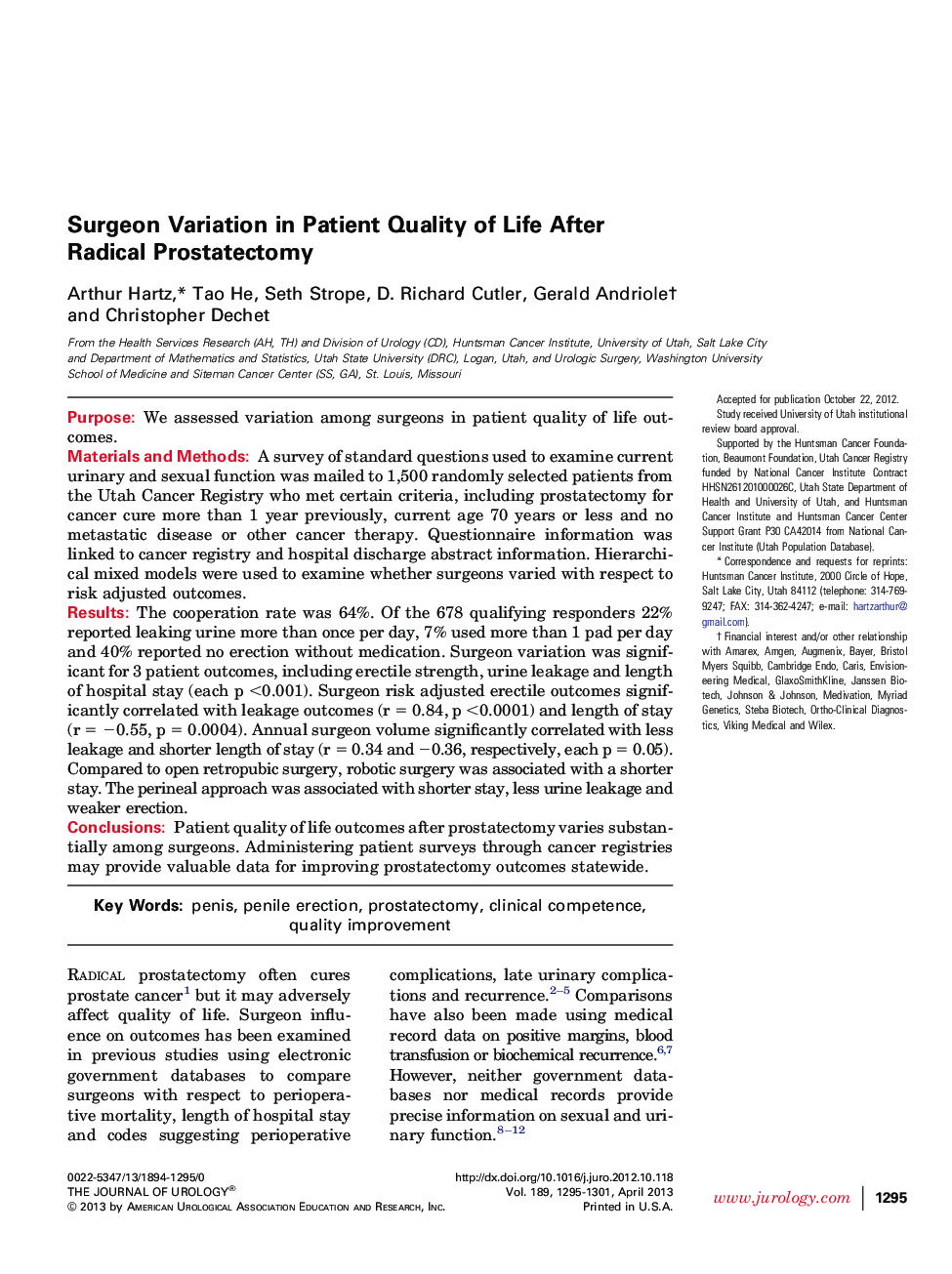 Surgeon Variation in Patient Quality of Life After Radical Prostatectomy 