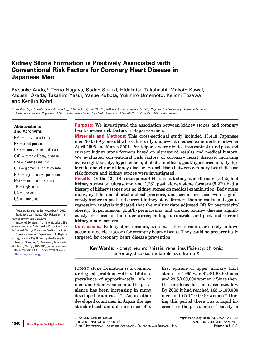 Kidney Stone Formation is Positively Associated with Conventional Risk Factors for Coronary Heart Disease in Japanese Men 