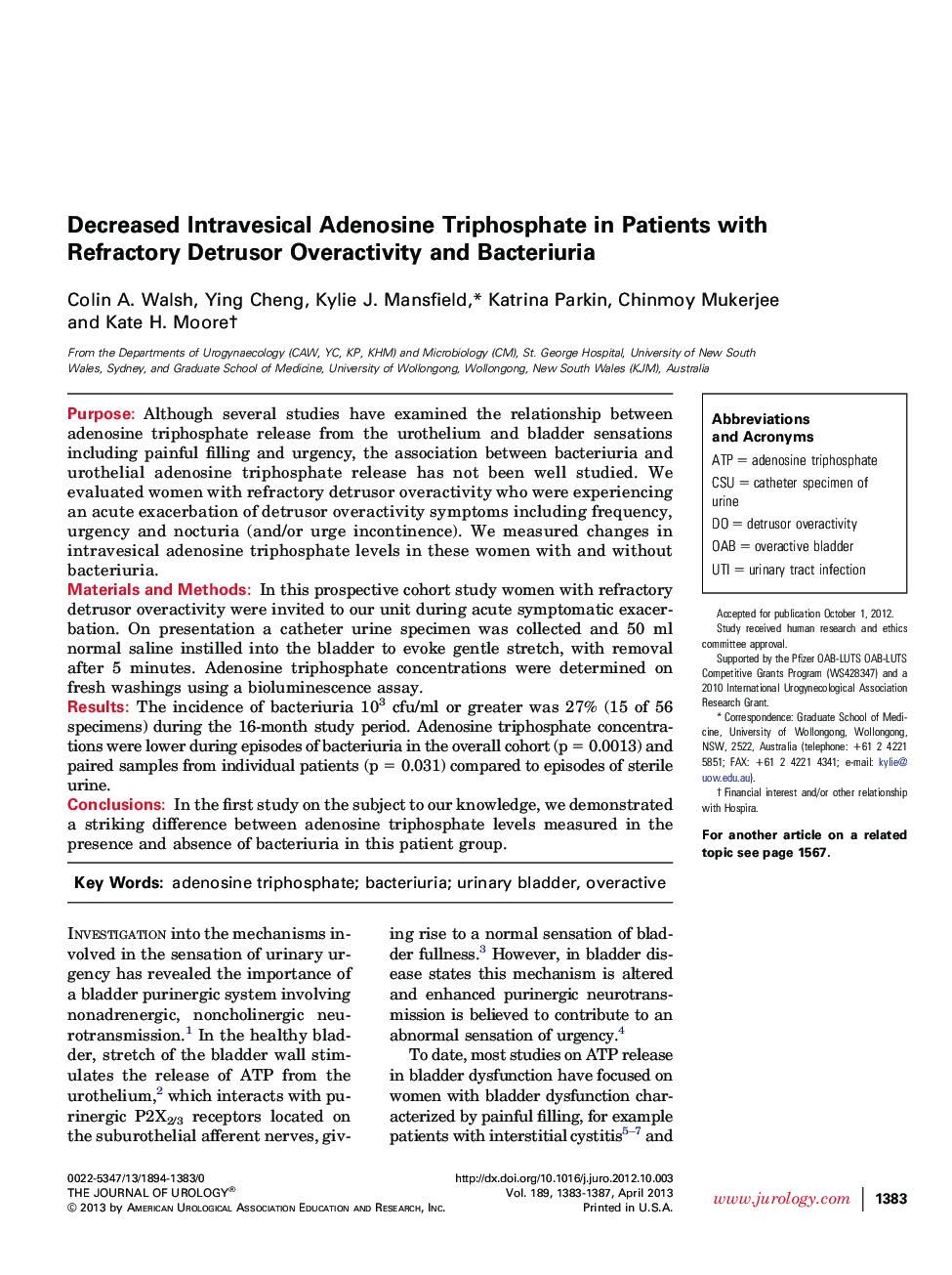 Decreased Intravesical Adenosine Triphosphate in Patients with Refractory Detrusor Overactivity and Bacteriuria 