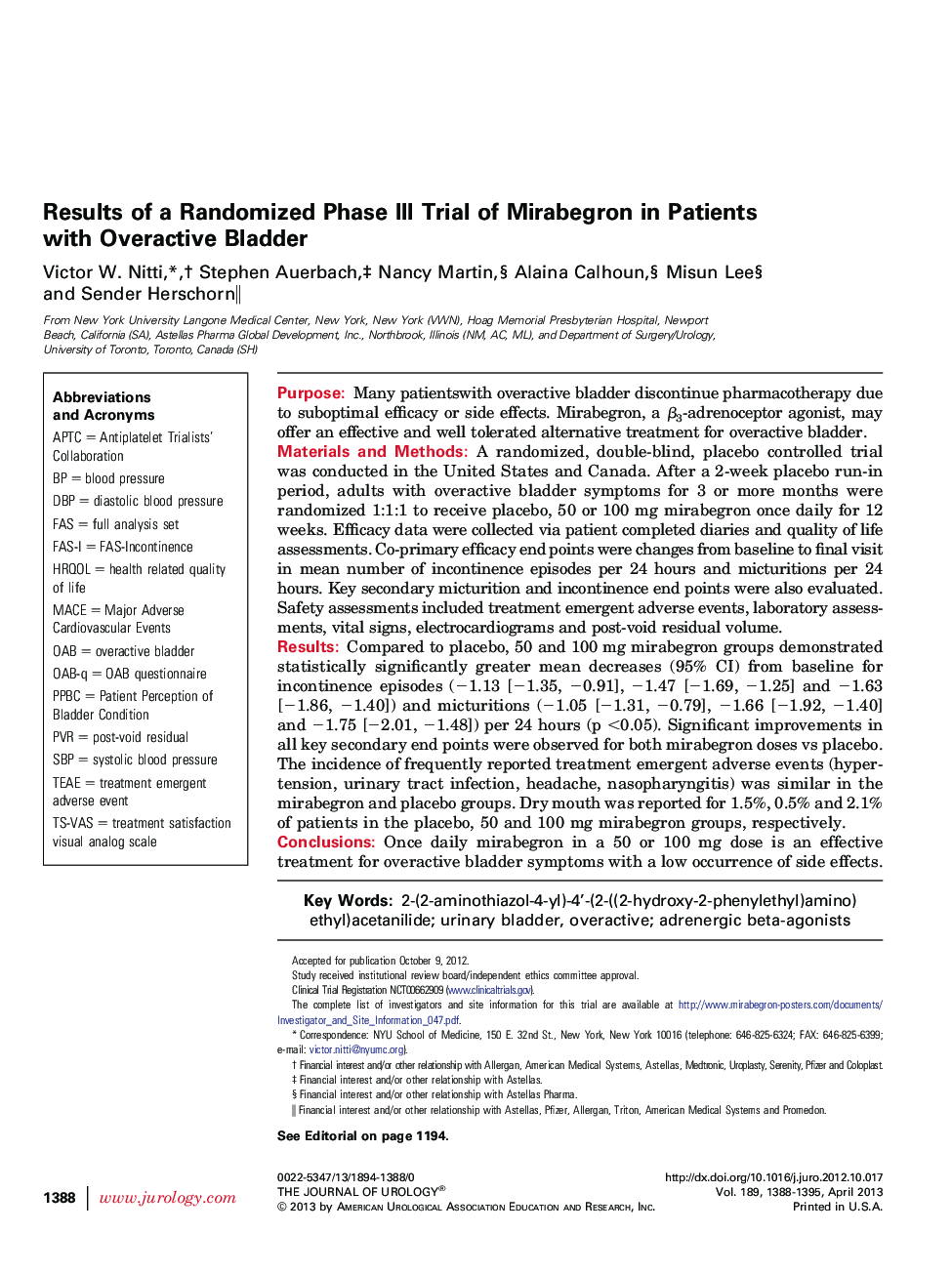 Results of a Randomized Phase III Trial of Mirabegron in Patients with Overactive Bladder 