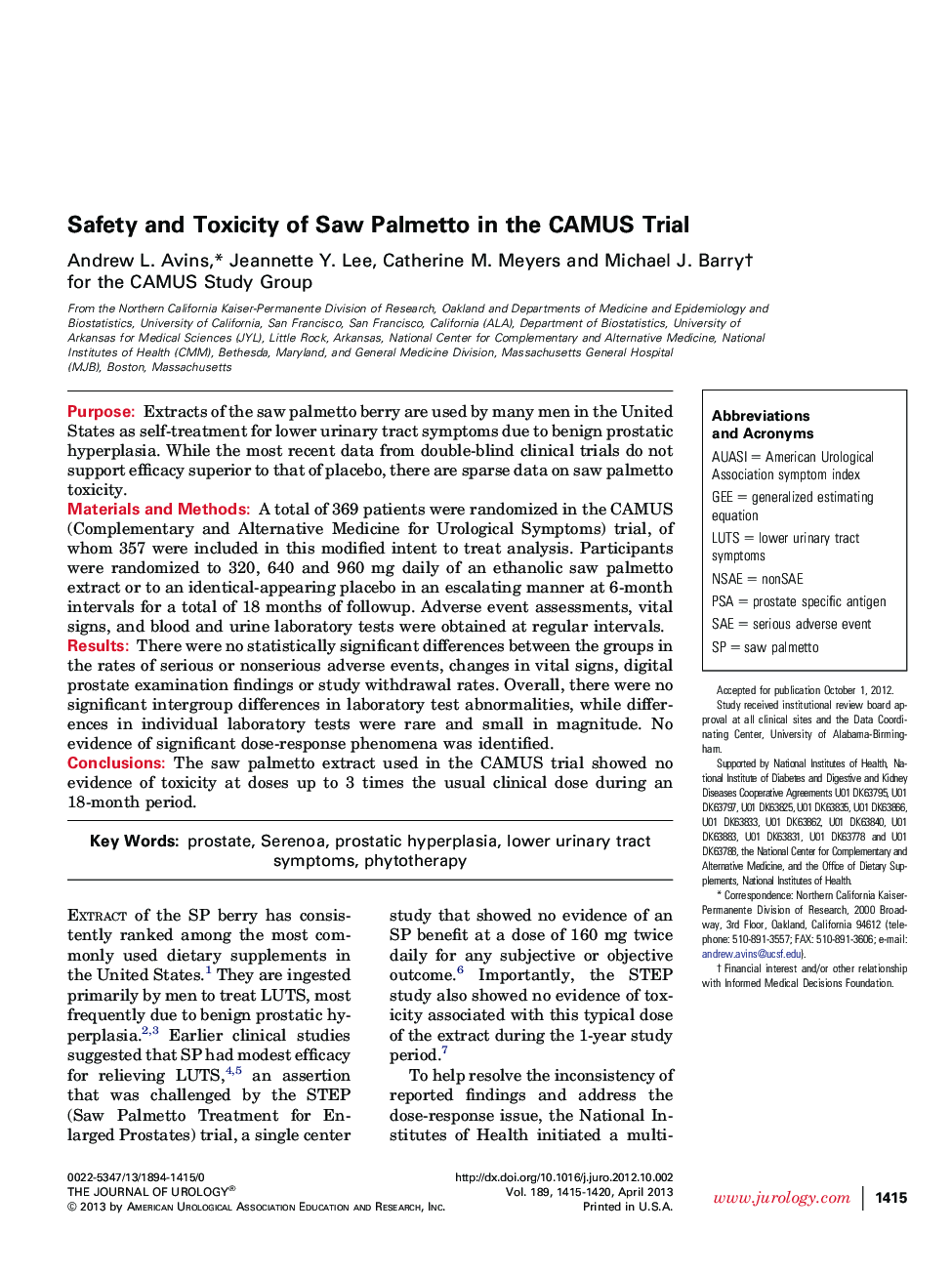 Safety and Toxicity of Saw Palmetto in the CAMUS Trial 