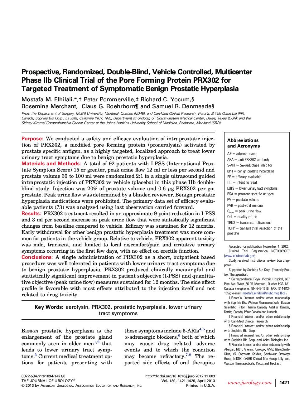 Prospective, Randomized, Double-Blind, Vehicle Controlled, Multicenter Phase IIb Clinical Trial of the Pore Forming Protein PRX302 for Targeted Treatment of Symptomatic Benign Prostatic Hyperplasia 