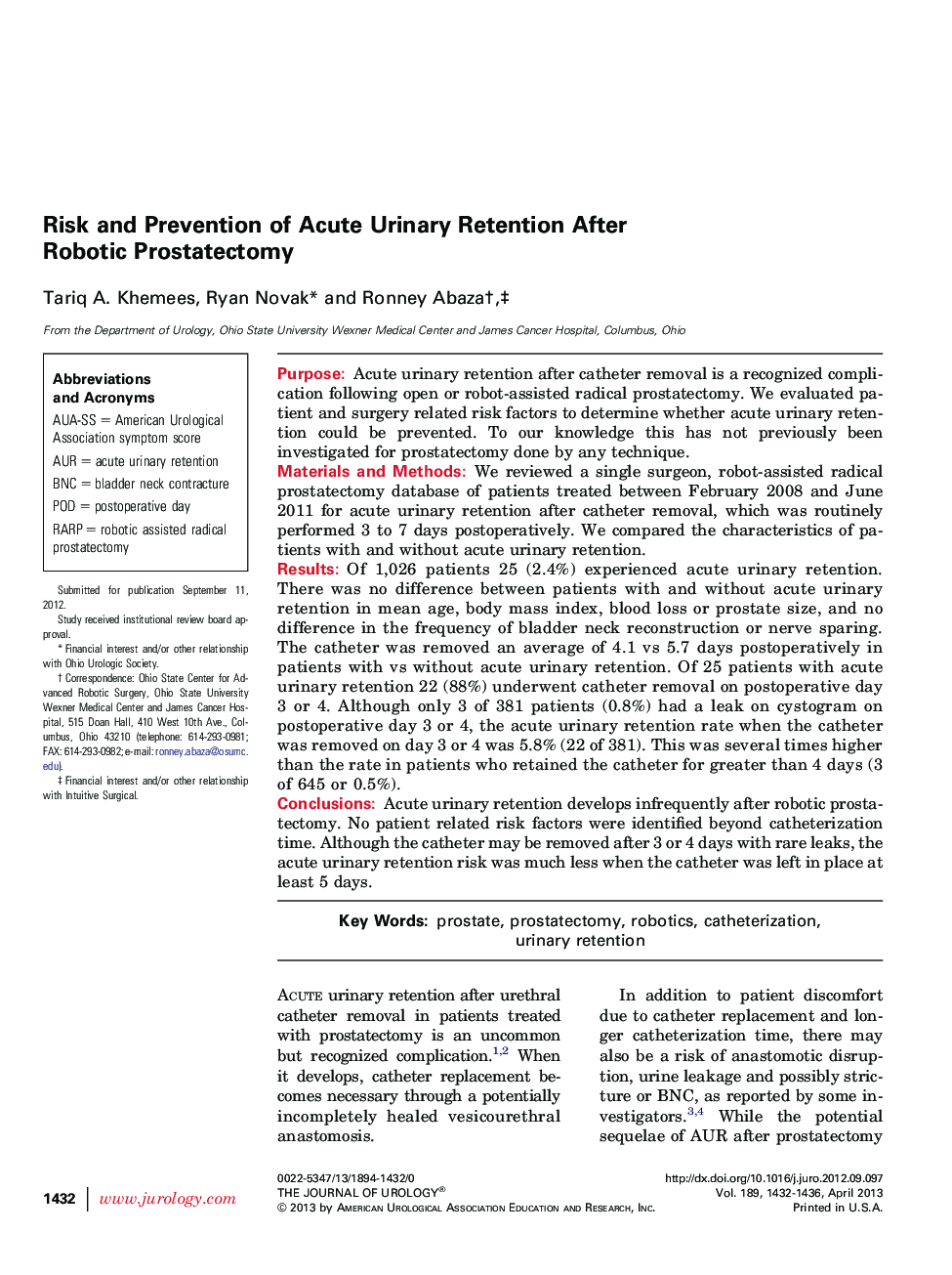 Risk and Prevention of Acute Urinary Retention After Robotic Prostatectomy 