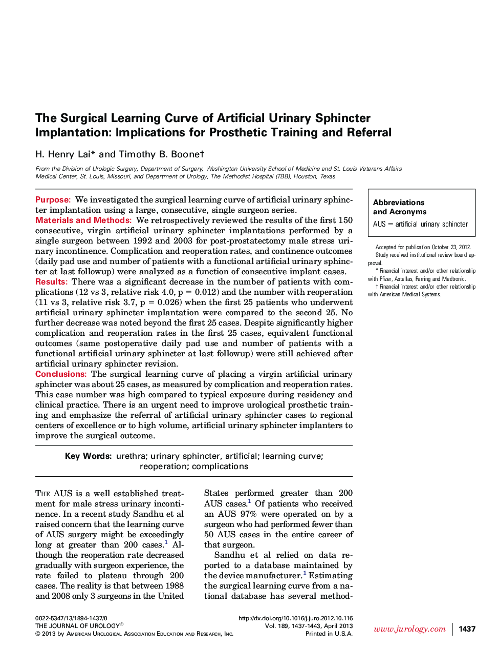 The Surgical Learning Curve of Artificial Urinary Sphincter Implantation: Implications for Prosthetic Training and Referral 