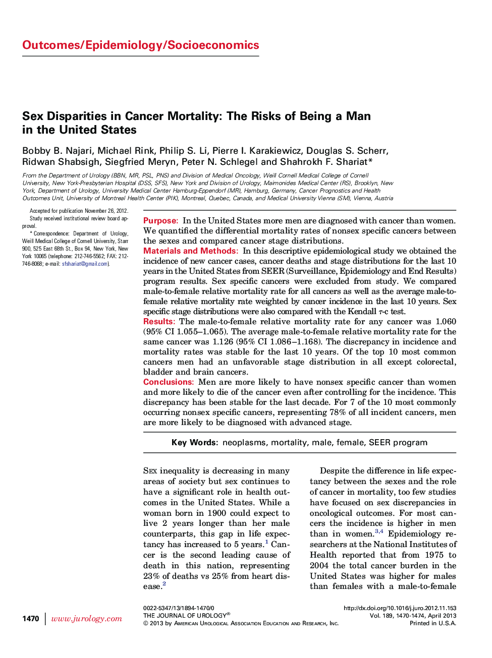 Sex Disparities in Cancer Mortality: The Risks of Being a Man in the United States 