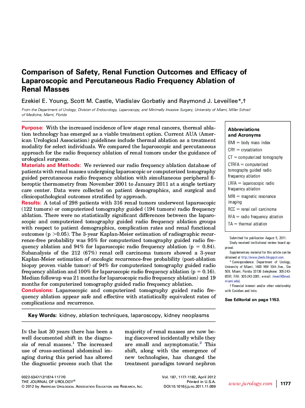 Comparison of Safety, Renal Function Outcomes and Efficacy of Laparoscopic and Percutaneous Radio Frequency Ablation of Renal Masses 