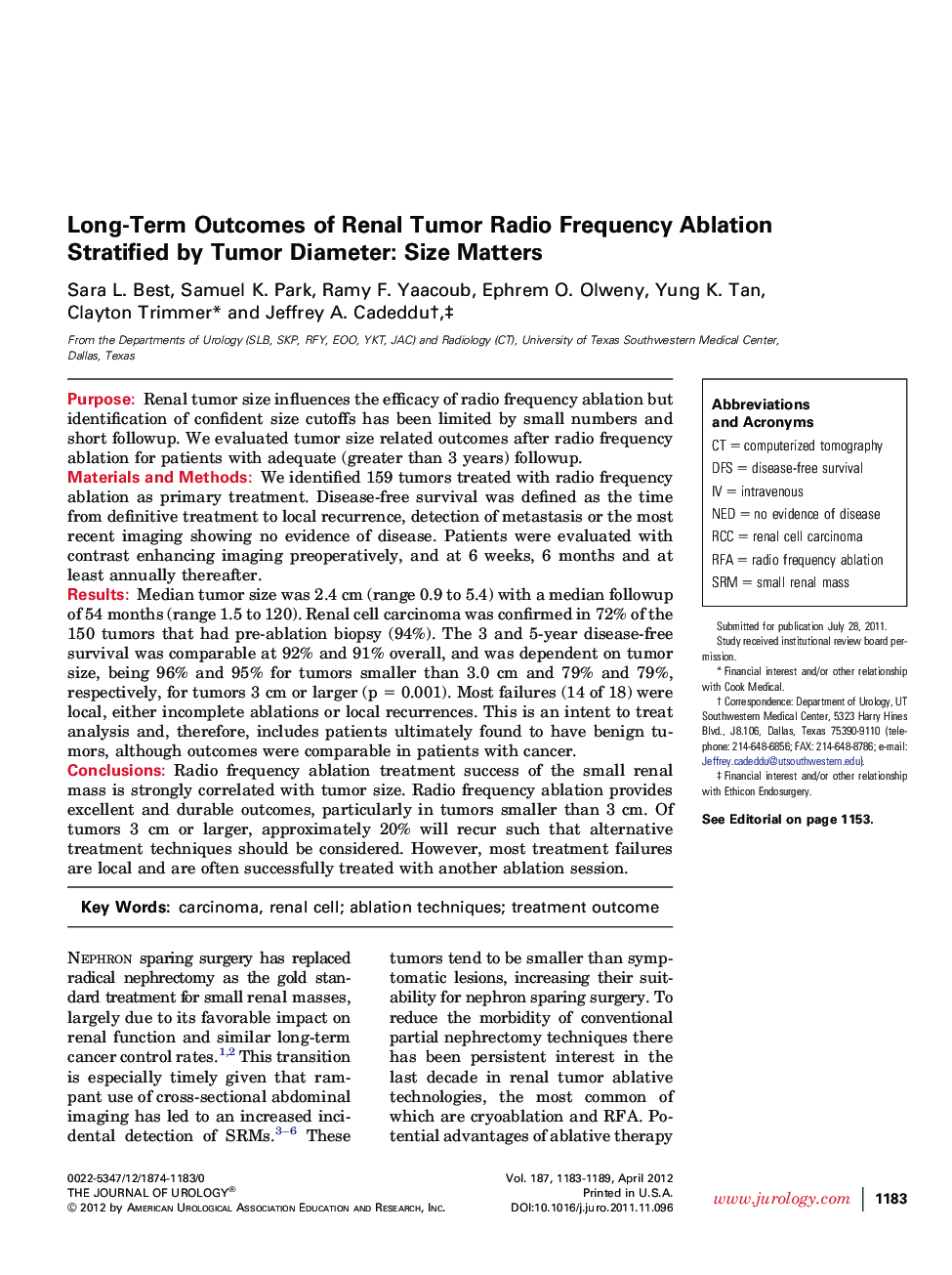 Long-Term Outcomes of Renal Tumor Radio Frequency Ablation Stratified by Tumor Diameter: Size Matters