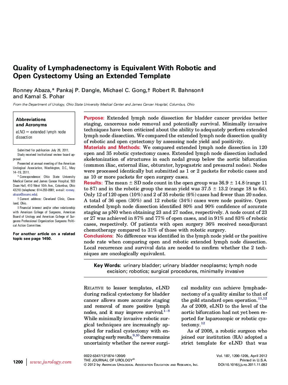 Quality of Lymphadenectomy is Equivalent With Robotic and Open Cystectomy Using an Extended Template 