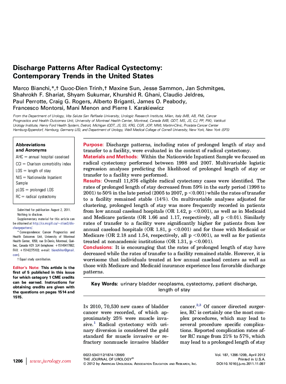 Discharge Patterns After Radical Cystectomy: Contemporary Trends in the United States