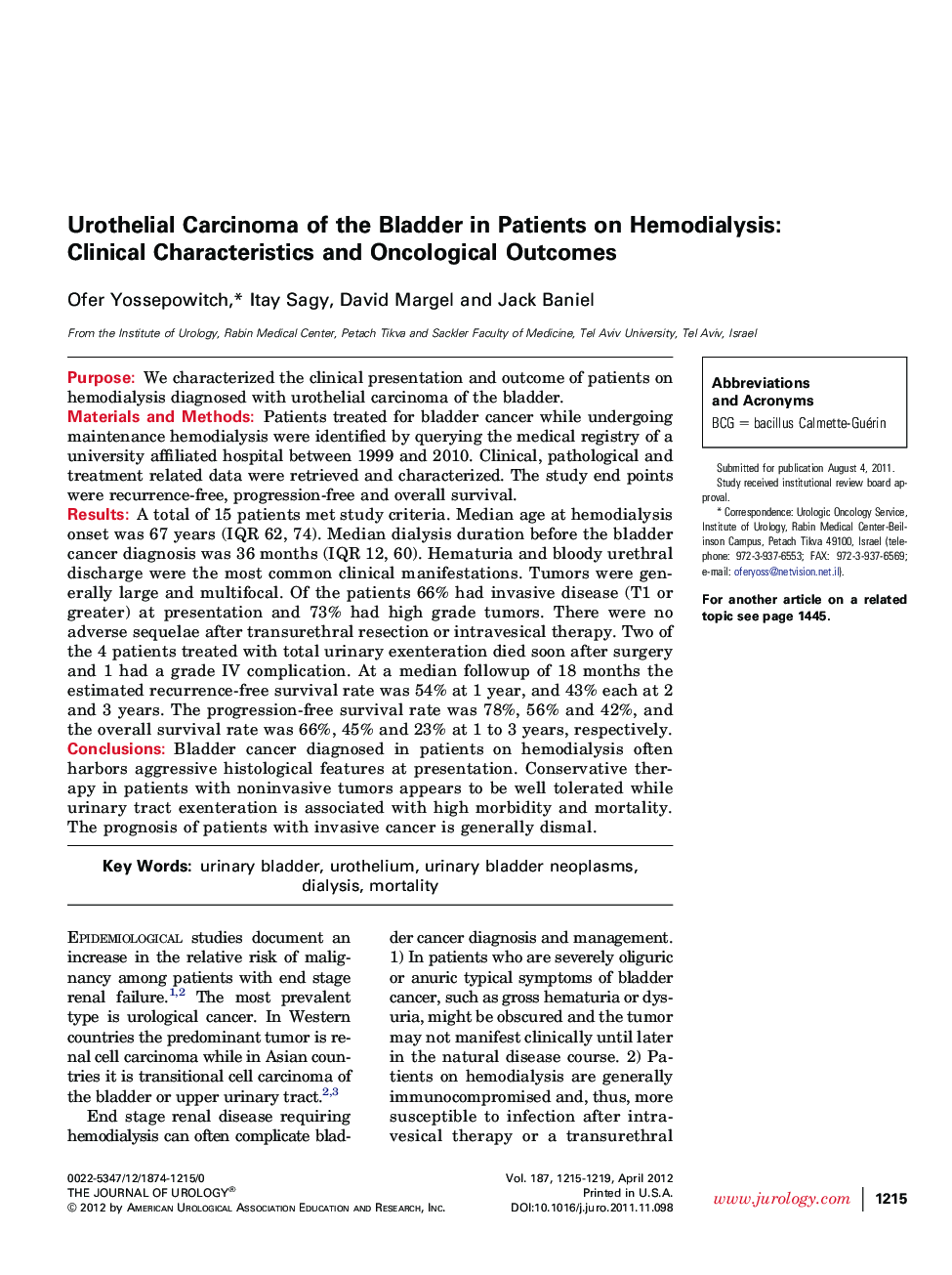 Urothelial Carcinoma of the Bladder in Patients on Hemodialysis: Clinical Characteristics and Oncological Outcomes 