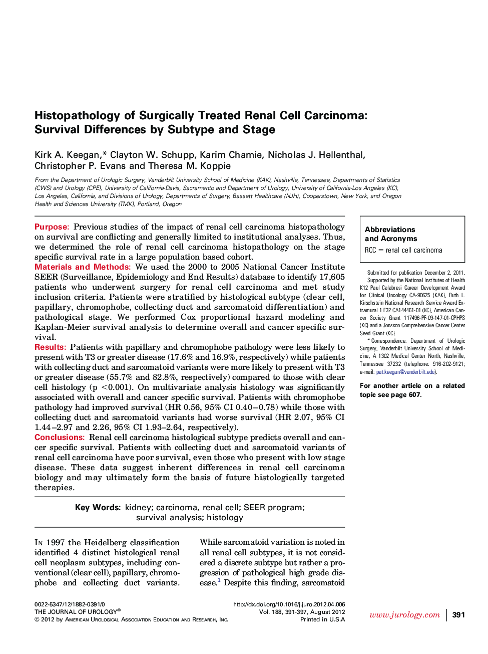 Histopathology of Surgically Treated Renal Cell Carcinoma: Survival Differences by Subtype and Stage