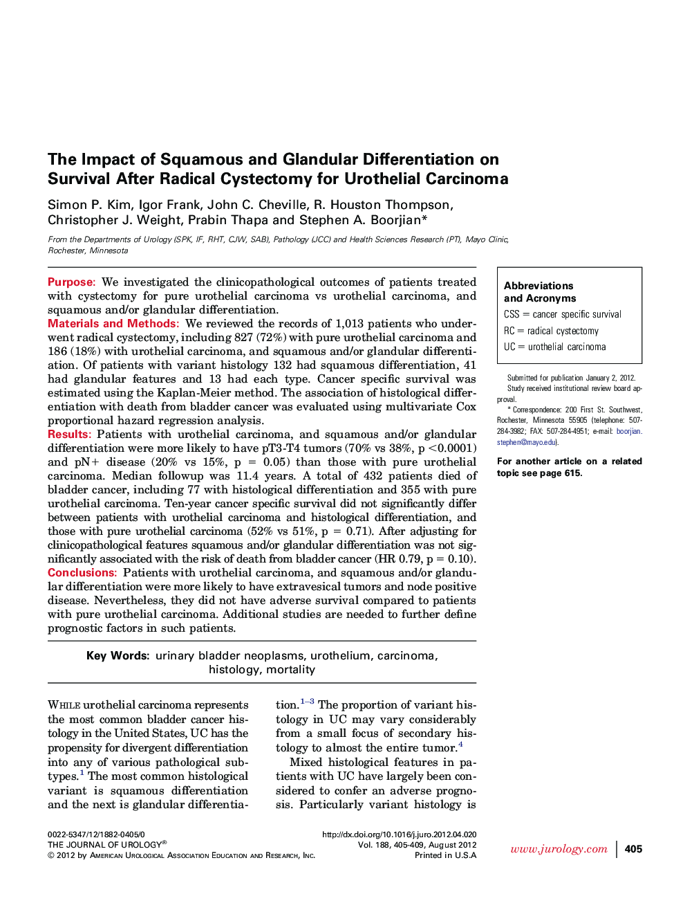 The Impact of Squamous and Glandular Differentiation on Survival After Radical Cystectomy for Urothelial Carcinoma 