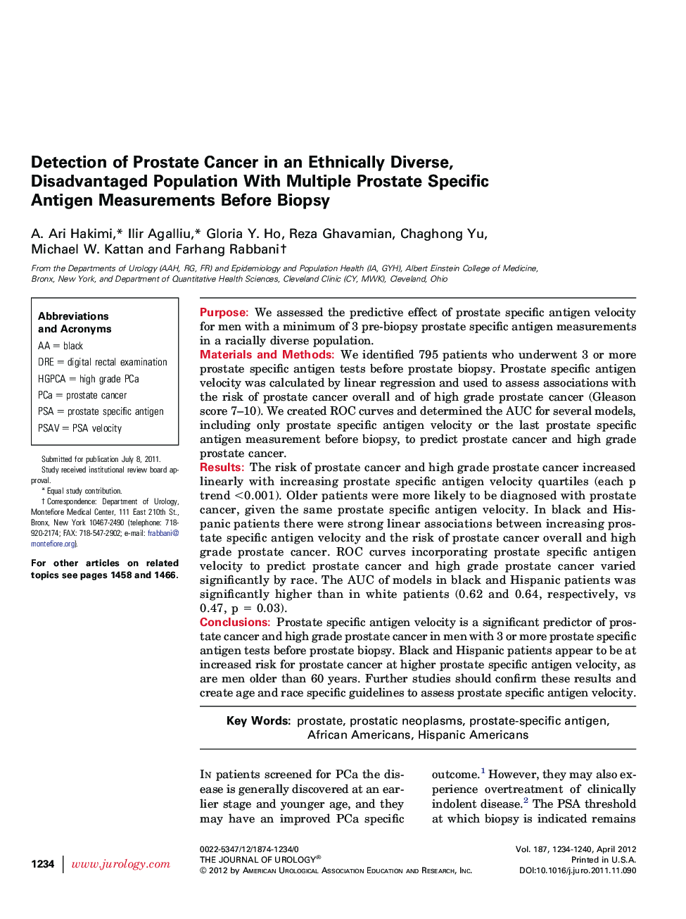 Detection of Prostate Cancer in an Ethnically Diverse, Disadvantaged Population With Multiple Prostate Specific Antigen Measurements Before Biopsy 