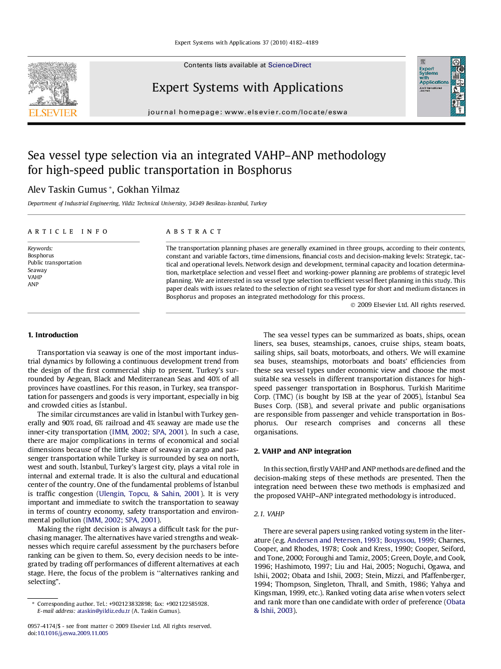 Sea vessel type selection via an integrated VAHP–ANP methodology for high-speed public transportation in Bosphorus